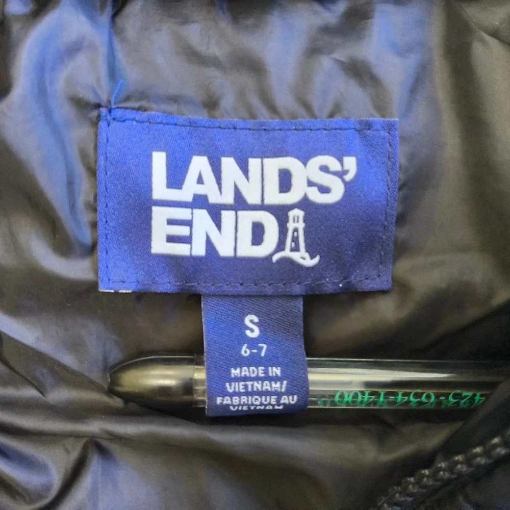 Lands' End Puffer Vest Kids Small 6-7 Black Quilted Full Zip Sleeveless Jacket